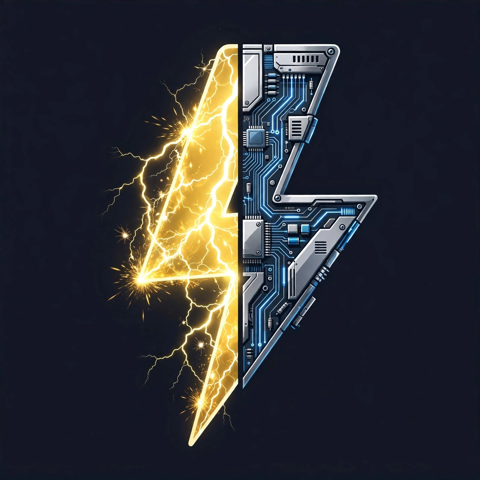 Split lightning bolt combining blue circuitry with yellow energy